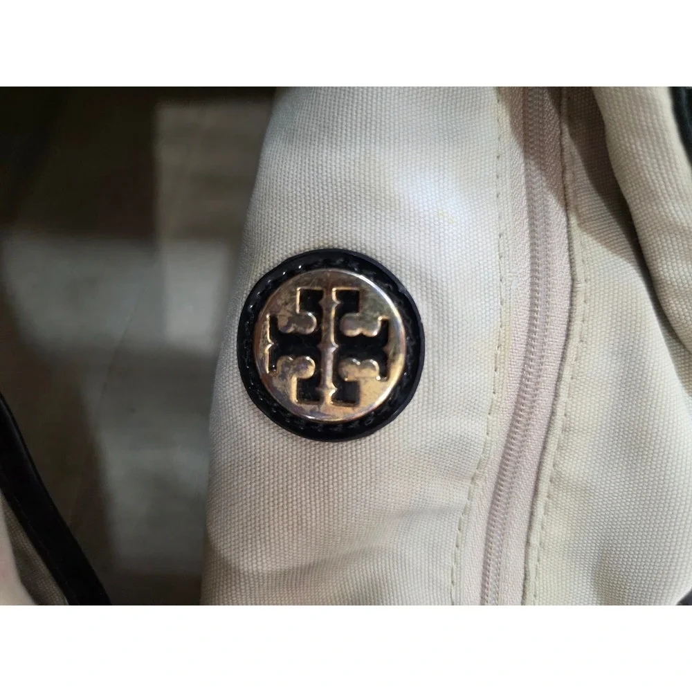 Tory Burch Ella Tote Bag Black Nylon Patent Leather Trim Logo Shoulder Bag Scarf